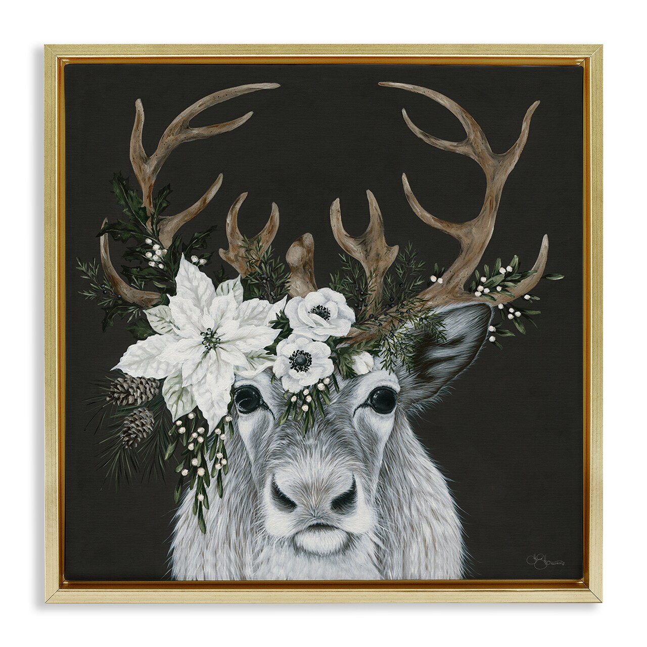 Stupell Industries Festive Reindeer with White Florals Floating Frame, design by Hollihocks Art